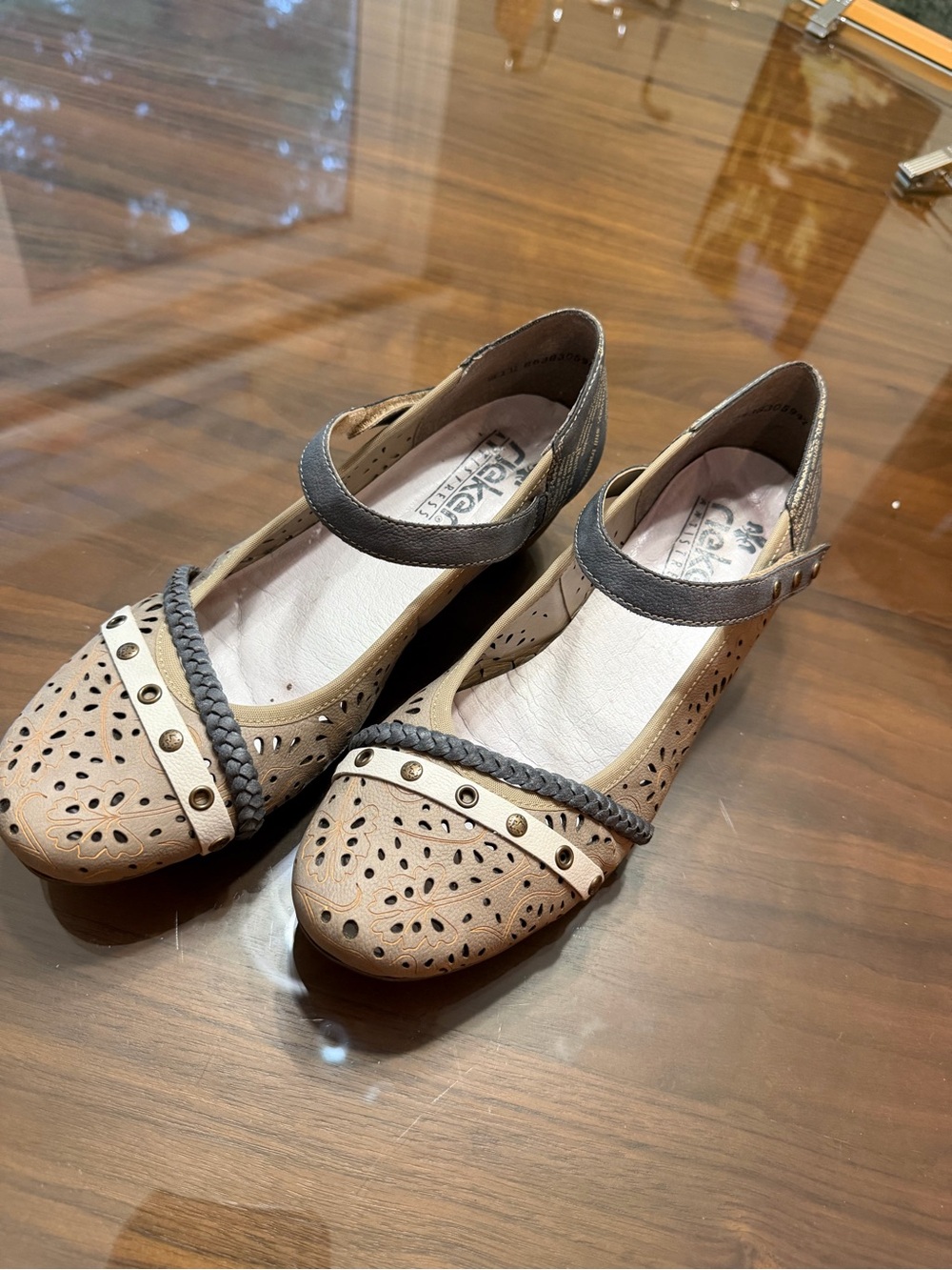 Rieker Beige and Gray Perforated Mary Jane Flats